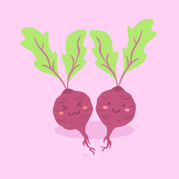 Cute Beetroot Vegetable mascot on purple background vector illustration.