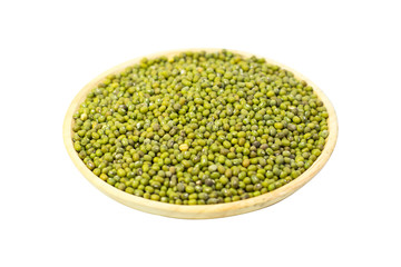 Mung beans in wood bowl isolated on white background