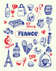 France and Paris associated symbols. French national, cultural, culinary, architectural, fashion related doodles drawn on squared paper vector illustrations set. Sketched with pen romantic icons