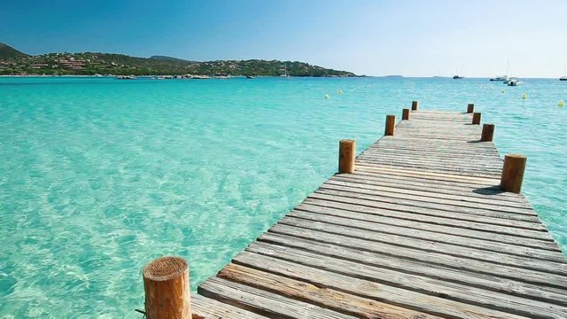 Wooden bridge in Santa Giulia sandy beach with pine trees, Corsica, France, Europe. 
