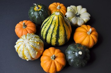 Pumpkins and squashes, fall decoration, top view, on black background