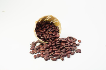 red beans in Bamboo Basket isolated on white background