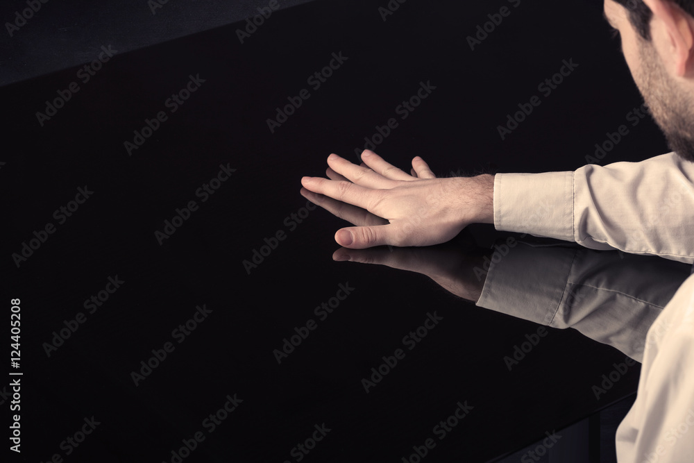 Poster Close up of a hand touching smart table with copy space