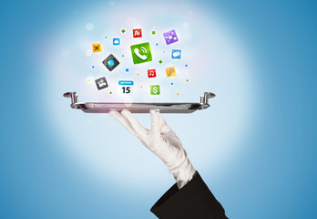 Waiter hand holding tray with icons