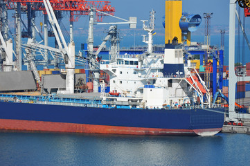 Bulk cargo ship under port crane