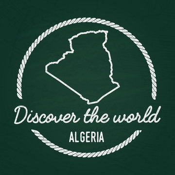White chalk texture hipster insignia with People's Democratic Republic of Algeria map on a green blackboard. Grunge rubber seal with country outlines, vector illustration.