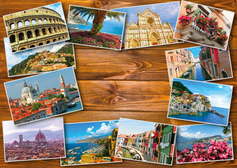 Fototapeta na wymiar Collage from photos of Italy on wooden background