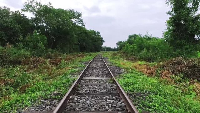 Walk along abandoned railway beside the forest in first person view