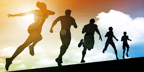 Sunset Silhouette of Man Running Uphill