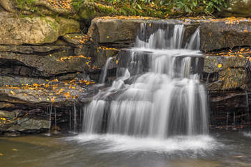 Fototapeta premium Tolliver Falls cascades over a rocky ledge in Swallow Falls State Park, Maryland.