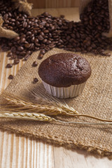Cupcake on fabric  with coffee beans background.