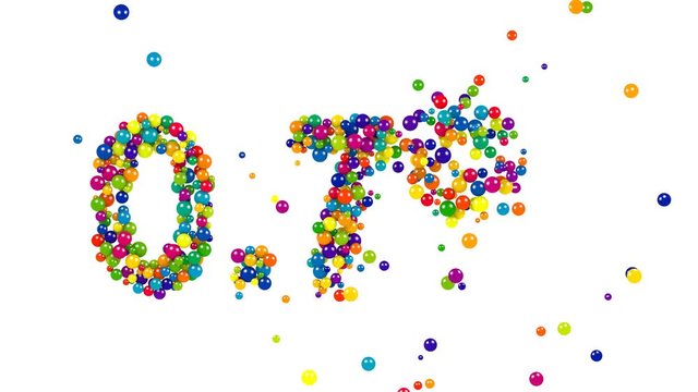 Point seven percent made from green, blue, yellow, purple and red balls over white background