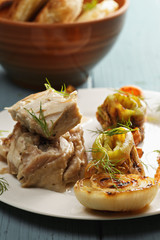 Boneless chicken with vegetables closeup