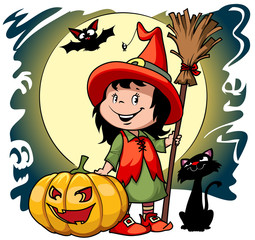 Cute little witch girl with a broom, pumpkin, black cat, spider and a bat on moon background. Halloween cartoon vector illustration