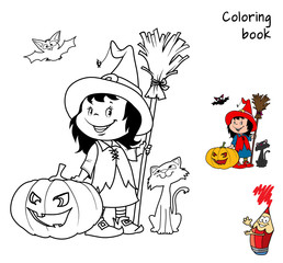 Cute little witch girl with a broom, pumpkin, black cat, spider and a bat. Coloring book. Halloween cartoon vector illustration