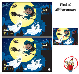 Сute little witch flying on a broomstick, black cat on a chimney, bat, a couple of ghosts and the moon. Find 10 differences. Educational game for children. Halloween cartoon vector illustration.