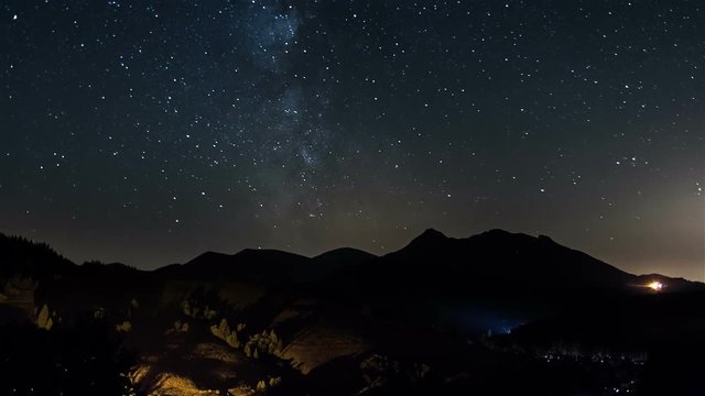 Starry night in countryside Time Lapse - Stars moving in night sky with milky way galaxy - Full HD 1920x1080