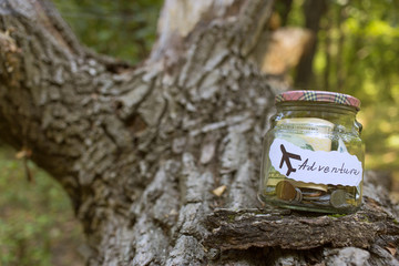 Collection of money in a glass jar for adventure.