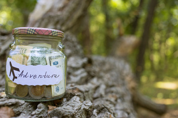 Collection of money in a glass jar for adventure.