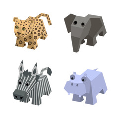 Fototapeta premium Vector set of african isometric animals. Different cartoon isometric 3d animals isolated: elephant, leopard, zebra, hippo, hippopotamus. Elements for 3d game. Icon collection of african animals. 