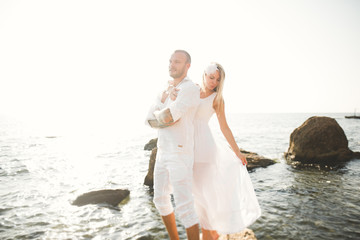 Just married wedding couple walking on the beach at sunset.