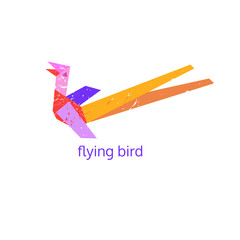 Flying abstract tropical bird icon. Freehand drawn stylized emblem. Template of logo design. Colorful symbol sign isolated on white. Textured grunge element banner background. Vector illustration