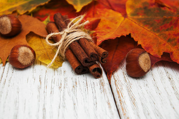 Autumn leaves with cinnamon and hazelnuts