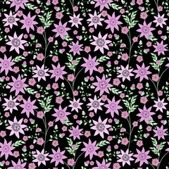 Fototapeta premium Seamless floral pattern background, flowers ornament wallpaper textile Illustration.flowers on black background.