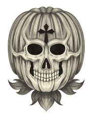 Skull pumpkin for Halloween day. Hand pencil drawing on paper.