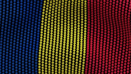 Flag of Romania, consisting of many balls fluttering in the wind, on a black background. 3D illustration.