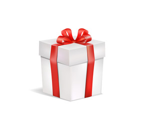 a gift in a white cardboard box with a red ribbon