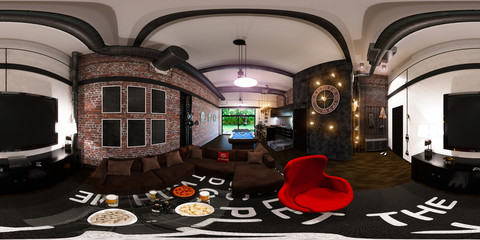 3d render seamless panorama of interior design in loft style