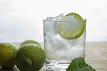 Gin and tonic cocktail with lime and ice