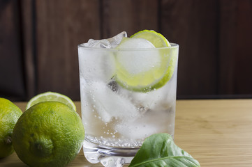 Gin and tonic cocktail with lime and ice
