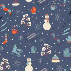 Vector seamless pattern, doodling design. Winter seamless pattern. Merry Christmas and Happy New Year background