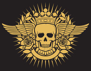 skull symbol tattoo design (crown, laurel wreath, wings, roses and banner)
