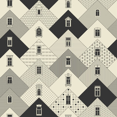 Seamless vector vintage thin line pattern. Stylized triangular facades with different types of hatching with decorative windows.