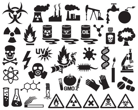 hazard, pollution and danger icons set (barrels with nuclear waste, gas mask, cigarette, DNA, dynamite, explosion, factory, biohazard, radiation sign, pipeline)