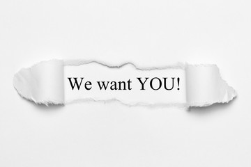 Fototapeta premium We want YOU! on white torn paper