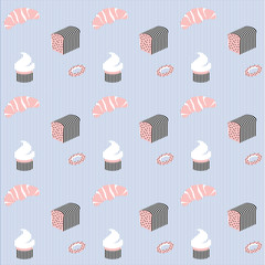     Bakery background. Bread, deserts, pastry collection. Bread house. Flat retro vintage vector illustration. Seamless pattern 