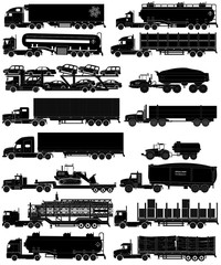 Trucks with trailers silhouettes set. Vector illustration