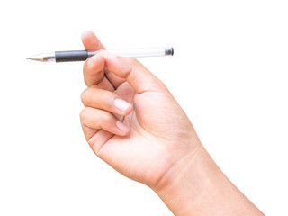 pen on right hand of business man. He wants to stand or pick up a pen to someone else, a pen on empty hand. isolated on white background