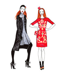 Plakat Fashion Sketch of Two Beautiful Women