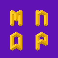 3d isometric alphabet. Letters "M,N,O,P". Vector illustration.