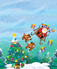 The santa claus flying with the sack full of presents - gifts - happy reindeer - illustration for children - christmas design