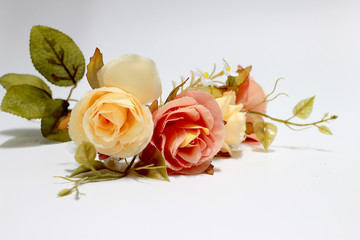 Still life photography with a human skull and branch of flower isolated on white background. happy halloween day.