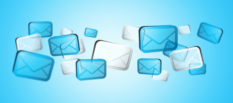 Numerous white and blue email icons flying '3D rendering’