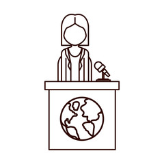 avatar woman on tribune for speech with earth planet icon. vector illustration