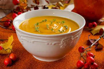 Pumpkin soup. Autumn still-life.