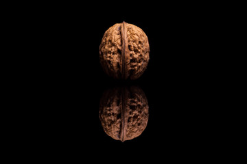  One whole isolated walnut on black background